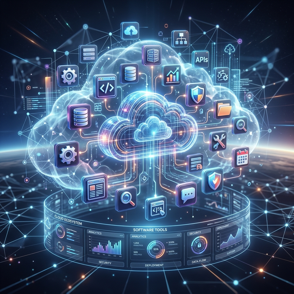 Abstract representation of cloud computing and software tools, floating highly detailed 3d tech icons, modern UI UX visual --no woman